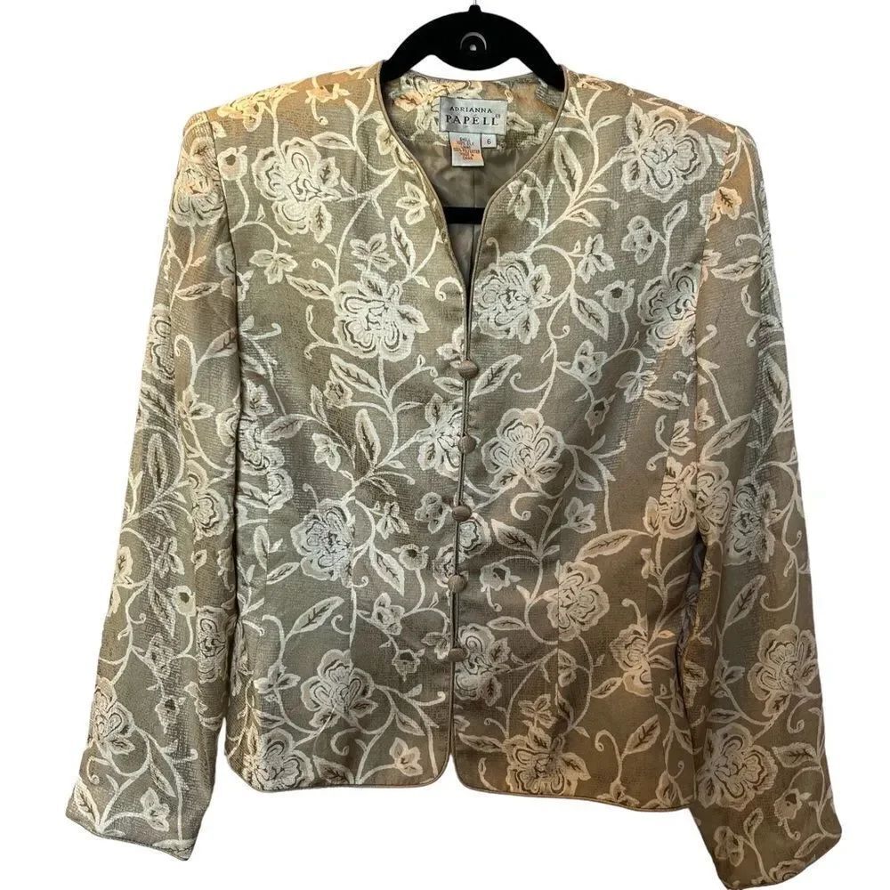 Adrianna Papell Vintage Silk Skirt/Blazer set Gray/Cream Floral Size 6